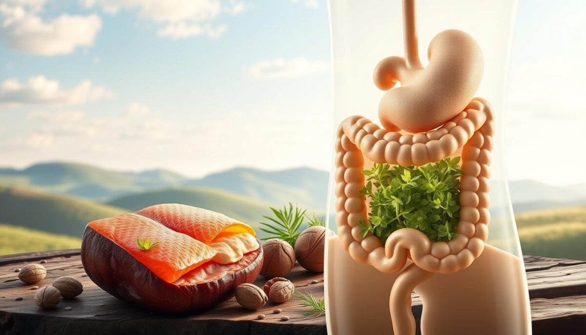 A detailed illustration of the benefits of omega-3 fatty acids for gut health. In the foreground, a cross-section of the digestive system, featuring a healthy intestinal lining with vibrant flora. The middle ground showcases various omega-3 rich foods, such as salmon, walnuts, and flaxseeds, arranged in a visually appealing manner. The background depicts a soothing, natural landscape, with rolling hills and a serene sky, conveying a sense of balance and well-being. The lighting is soft and diffused, creating a calming, therapeutic atmosphere. The image is rendered with a high level of photorealism and attention to detail, capturing the essence of the topic and complementing the article's section on the digestive benefits of omega-3 fatty acids.