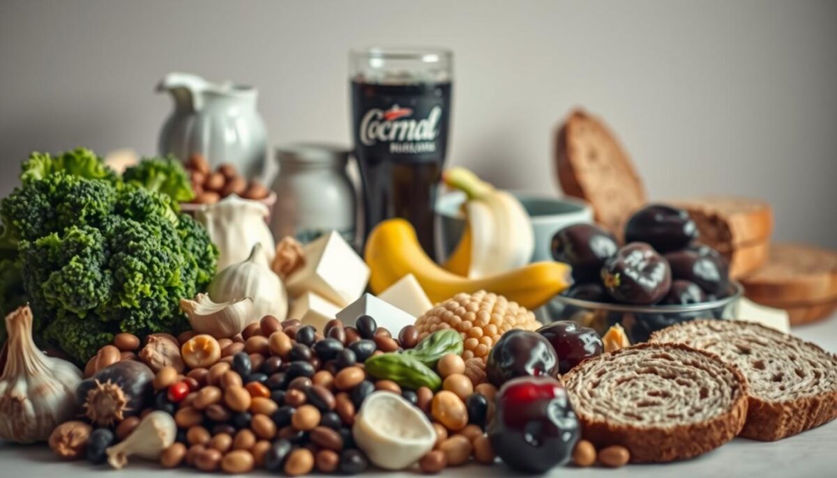 A detailed still life composed of various high FODMAP foods and beverages causing digestive discomfort. In the foreground, a cluttered arrangement of garlic, onions, broccoli, beans, and dairy products. The middle ground features a glass of carbonated soda and a bowl of prunes, while the background showcases a partially peeled banana and a slice of whole wheat bread. Soft, muted lighting casts gentle shadows, creating an atmosphere of gastrointestinal unease. The composition emphasizes the common IBS trigger foods to be mindfully avoided for better gut health and relief.