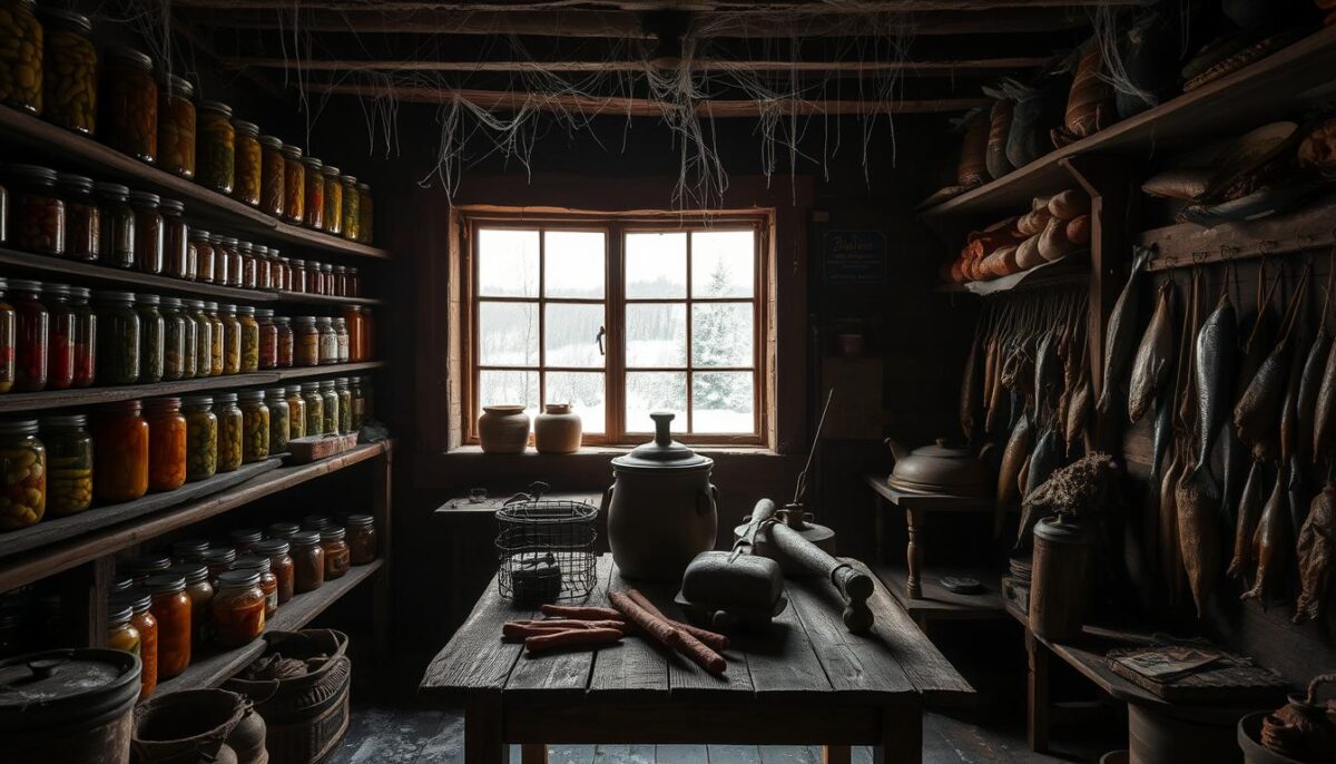 A dimly lit 19th-century Scandinavian pantry, shelves overflowing with jars of pickled vegetables, salted fish, and smoked meats. Cobwebs cling to the rafters, casting a hazy, nostalgic glow. In the center, a worn wooden table holds an array of traditional preservation tools - a brine crock, a smoking rack, and an antique sausage stuffer. Through the window, a snowy landscape stretches out, hinting at the harsh winters that necessitated such ingenious food storage methods. A sense of timeless tradition and resourcefulness permeates the scene, capturing the rich history of Scandinavian food preservation.