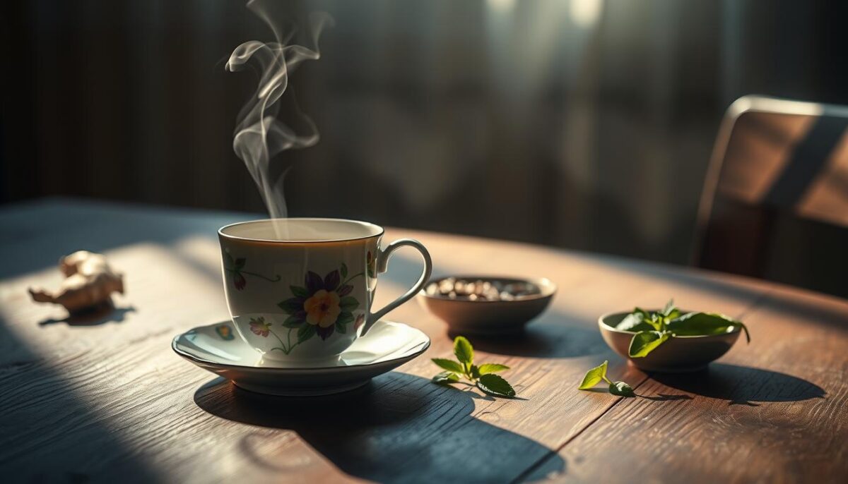 A dimly lit wooden table, the surface adorned with a delicate floral teacup, steam gently curling upwards. Surrounding the cup, an array of herbal ingredients - ginger, chamomile, peppermint - arranged in small bowls, casting intriguing shadows. In the background, a soft, hazy atmosphere evokes a sense of contemplation and tranquility. The lighting is warm and natural, creating a calming ambiance that invites the viewer to consider the potential benefits and side effects of the herbal infusion. A sense of balance and harmony permeates the scene, guiding the viewer to reflect on the thoughtful consumption of this soothing beverage.
