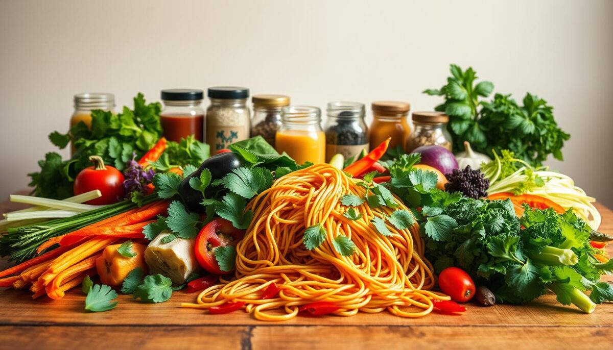 A diverse variety of colorful, fresh ingredients sit atop a wooden table, arranged to showcase the dietary adaptations for a delectable Pad Thai dish. In the foreground, a vibrant array of noodles, vegetables, and aromatic herbs spill out from the center, casting warm, soft lighting across the scene. In the middle ground, jars of sauces and seasoning blends offer customization options, while the background fades to a neutral, minimalist backdrop, allowing the focus to remain on the flavorful components. The overall mood is one of abundance, flexibility, and culinary exploration, inviting the viewer to imagine the many ways Pad Thai can be tailored to individual dietary needs and preferences.