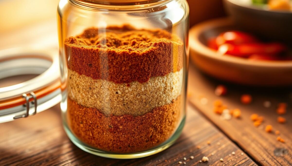 A glass jar filled with a homemade Mexican taco seasoning mix, capturing the essence of authentic Mexican cuisine. The mix consists of a harmonious blend of ground cumin, chili powder, garlic powder, onion powder, paprika, and oregano, arranged in neat layers within the transparent container. Warm lighting casts a golden glow, highlighting the vibrant colors and textures of the seasoning ingredients. The jar is positioned on a rustic wooden surface, creating a cozy, inviting atmosphere reminiscent of a traditional Mexican kitchen. This image perfectly encapsulates the essence of the "Homemade Mexican Tacos Guide: Tips and Tricks" section, showcasing the key ingredients and preparation methods for crafting the perfect taco seasoning from scratch.