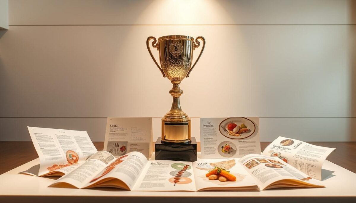 A gleaming trophy stands tall, its polished surface reflecting the warm spotlight shining from above. Surrounding it are intricate, artfully designed menus, each one a work of culinary art. The menus are laid out on a sleek, modern table, their pages fluttering gently as if showcasing the innovative dishes they contain. In the background, a minimalist gallery-like space with clean lines and neutral tones sets the stage, allowing the awards and culinary creations to take center stage. The overall atmosphere conveys a sense of refined elegance and culinary excellence, perfectly capturing the essence of the "Fusion Cuisine in Restaurant Innovation and Awards" section.