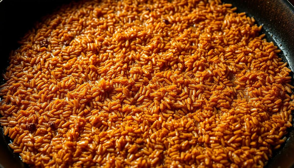 A golden-brown, crispy socarrat layer of rice, meticulously charred at the bottom of an authentic Spanish paella pan. The rice kernels glisten with a rich, caramelized crust, hinting at the deeply flavorful Valencia-style paella simmered above. Warm, indirect lighting casts a soft glow, highlighting the textural contrast between the delicate, fluffy rice and the crunchy, toasted bottom layer. The scene is captured in a dramatic, close-up angle, emphasizing the importance of this signature element in crafting the perfect paella.