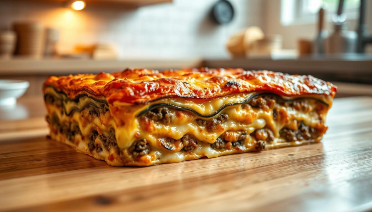 A golden-brown, freshly baked moussaka, its layers of tender eggplant and ground lamb bathed in a rich béchamel sauce, glistening under the warm light of a well-appointed kitchen. The dish rests atop a wooden table, its inviting aroma wafting through the air, hinting at the savory delights within. A side-on perspective showcases the dish's perfect rectangular form, the edges neatly defined, the surface gently undulating. Soft, flattering lighting from overhead casts a gentle radiance, accentuating the deep, burnished hues of the moussaka's crust. The overall mood is one of culinary mastery, an image that captures the essence of Greek cuisine at its finest.