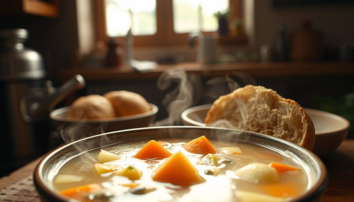 A hearty, steaming bowl of nourishing soup, filled with wholesome ingredients. In the foreground, a thick, creamy broth with chunky vegetables - carrots, potatoes, and tender chicken. Wisps of aromatic steam rise from the bowl, inviting a comforting sip. The middle ground features a crusty, freshly baked bread roll, its golden crust glistening, begging to be dipped into the savory soup. In the background, a cozy, dimly lit kitchen setting, with warm, natural lighting filtering through a window, casting a soft glow over the scene. The overall mood is one of homely, restorative comfort - the perfect antidote for a sensitive stomach on a cold, dreary day.