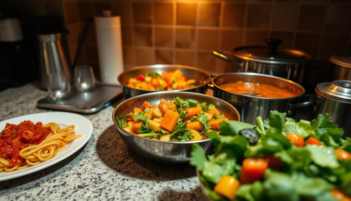 A kitchen counter filled with a variety of quick and easy meal options - a plate of pasta with a simple tomato sauce, a stir-fry with colorful vegetables sizzling in a wok, a hearty soup simmering in a pot, and a fresh salad with leafy greens and chopped vegetables. The lighting is warm and inviting, casting a soft glow over the scene. The camera angle is at eye level, capturing the scene in a comfortable, homey way. The overall mood is one of simplicity, efficiency, and wholesome sustenance, perfectly suited for a busy weeknight when time and resources are limited, but the need for a satisfying meal is real.
