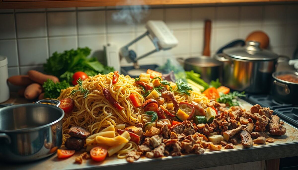 A kitchen counter overflows with an array of repurposed ingredients - a tangle of steaming pasta, sizzling vegetables, and a patchwork of leftover meat scraps. Soft, warm lighting casts a homey glow, while a subtle vignette effect draws the eye inwards. The scene exudes a comforting, improvisational energy, hinting at the resourcefulness and ingenuity required to transform humble remnants into a nourishing meal. Pots and pans sit ready, their worn surfaces testament to a well-used, well-loved kitchen. This is the heart of "Leveraging Cooked Staples: Repurposing Yesterday's Meal" - a tableau of culinary creativity, born of necessity and elevated by skill.