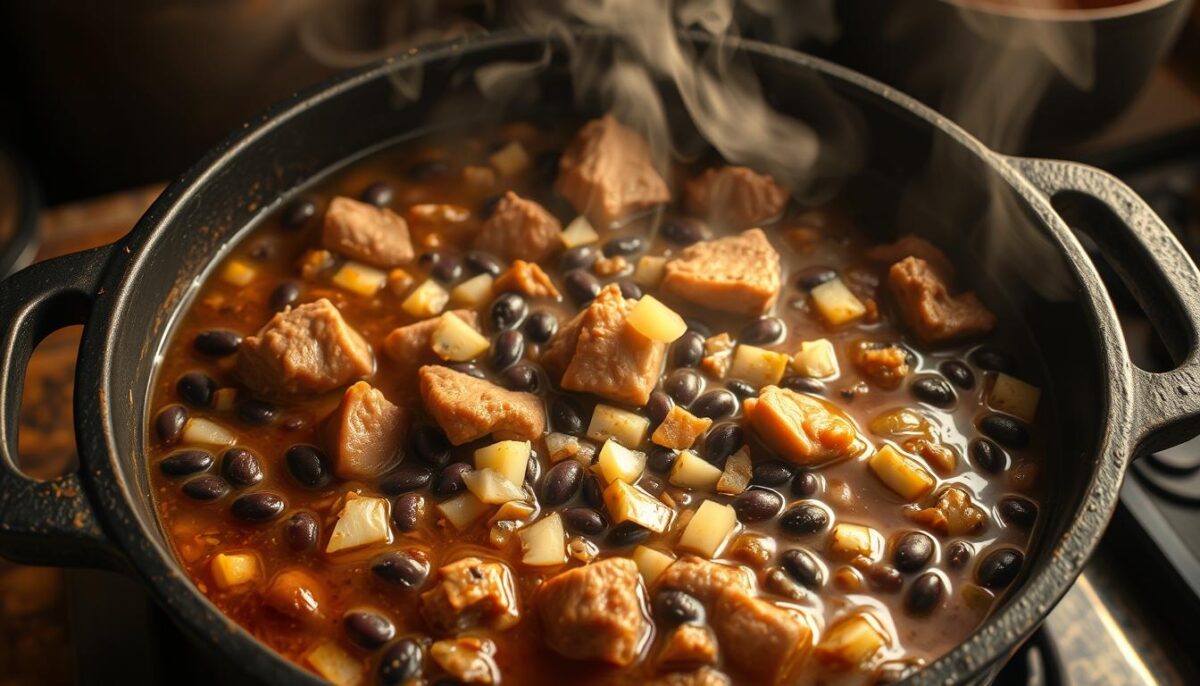 A large cast-iron pot simmers on a rustic stovetop, steam rising from the rich, bubbling broth. Tender chunks of beef and pork mingle with earthy black beans, their skins bursting open to release their creamy interiors. Diced onions, garlic, and a medley of aromatic spices infuse the scene with a tantalizing aroma. Warm lighting casts a golden glow, highlighting the depth of color and texture in the stew. The scene evokes the comforting, homespun nature of traditional Brazilian feijoada, a dish that has been simmered for hours to develop its robust, complex flavors.