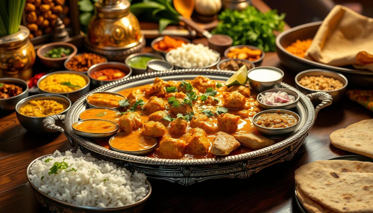 A large, ornate silver tray filled with an assortment of side dishes and garnishes accompanying a central serving of fragrant, creamy chicken tikka masala. The tray is set on a wooden table, with a lush, colorful backdrop of Indian spices, herbs, and textiles. Soft, warm lighting casts a golden glow, highlighting the rich hues of the curry and the vibrant colors of the accompaniments. Garnishes include freshly chopped cilantro, thinly sliced onions, and lime wedges. Sides include fluffy basmati rice, cooling raita, crisp papadum, and warm naan bread. The scene evokes a sense of hospitality, flavor, and the comforting enjoyment of an authentic Indian meal.