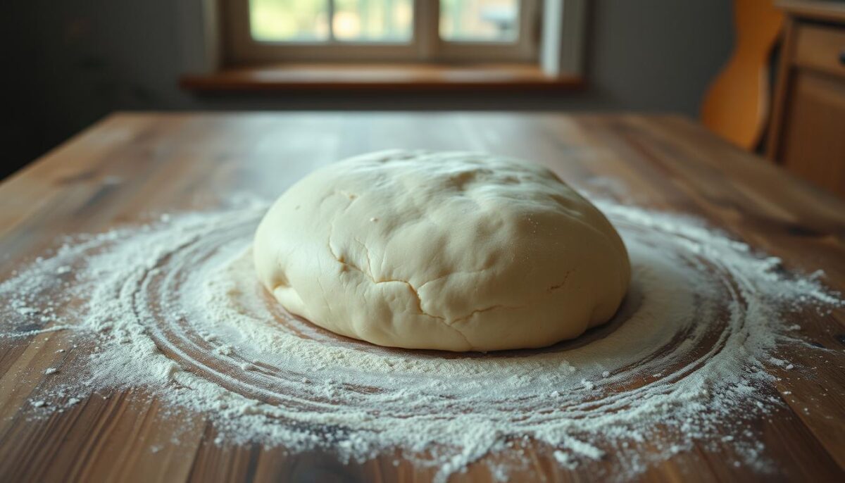 A large wooden table, the surface dusted with a fine layer of flour. In the center, a mound of dough, its surface gently rising and falling as it proofs, yeast working its magic. The dough is a rich, creamy hue, with a suppleness that invites touch. Soft, diffused lighting from an unseen window casts a warm glow, highlighting the delicate texture. The scene is serene, capturing the tranquil process of dough making, a key step in crafting authentic Neapolitan-style pizza at home.