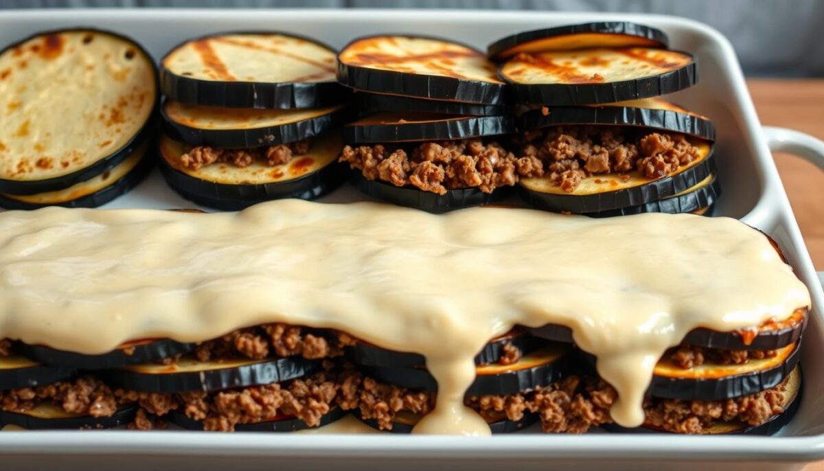 A layered moussaka dish, with sliced eggplant, ground beef and lamb mixture, and a creamy béchamel sauce. The composition is arranged in a clear, step-by-step manner, capturing the assembly process. Soft, natural lighting illuminates the scene, highlighting the rich, golden-brown colors of the baked layers. The angle is slightly elevated, allowing a clear view of the dish's construction. The overall mood is one of culinary mastery, inviting the viewer to recreate this classic Greek dish at home.