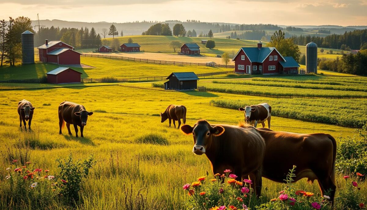 A lush, verdant Swedish farmland, dotted with red wooden barns and silos under a soft, golden afternoon light. In the foreground, a picturesque scene of free-range cows grazing peacefully in a sprawling meadow, their contented munching punctuated by the buzzing of honeybees pollinating vibrant wildflowers. The middle ground reveals rows of thriving organic vegetable crops, their leaves glistening with dewdrops. In the distance, a weathered farmhouse stands proudly, its windows reflecting the dappled sunlight, surrounded by neatly tended orchards and rolling hills. An atmosphere of tranquility and sustainable harmony pervades the entire idyllic landscape.