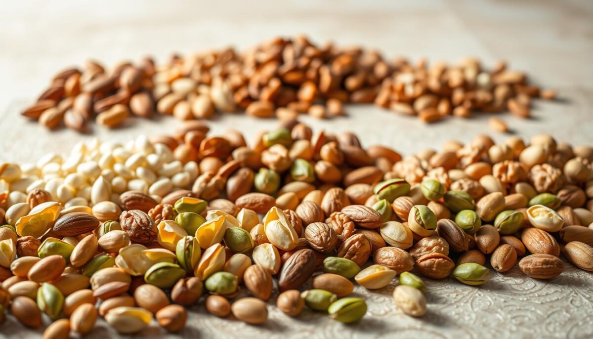 A meticulously arranged display of various nut combinations, perfectly suited for layering into a traditional Turkish baklava pastry. In the foreground, vibrant pistachios, almonds, and walnuts are delicately placed, their rich hues and textures creating a visually enticing composition. The middle ground features a selection of shelled and chopped nuts, offering a range of sizes and shapes to explore. In the background, a softly lit, neutral-toned surface provides a elegant backdrop, allowing the natural beauty of the nuts to shine. The lighting is soft and diffused, casting gentle shadows that accentuate the intricate details of the nuts. The overall mood is one of refined sophistication, inviting the viewer to imagine the endless flavor possibilities when layering these creative nut combinations into a classic baklava pastry.