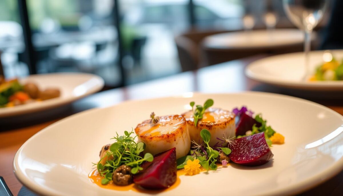 A meticulously arranged restaurant plate showcases the art of plating. In the foreground, a harmonious composition of vibrant ingredients - seared scallops, roasted beets, microgreens, and edible flowers - artfully assembled with precision. The middle ground features a minimalist white ceramic plate, its clean lines and subtle textures providing the perfect canvas. Soft, directional lighting casts gentle shadows, highlighting the dimensional nature of the dish. The background is a blurred, out-of-focus scene, allowing the plate to take center stage. The overall mood is one of refined elegance, inviting the viewer to appreciate the culinary craftsmanship on display.