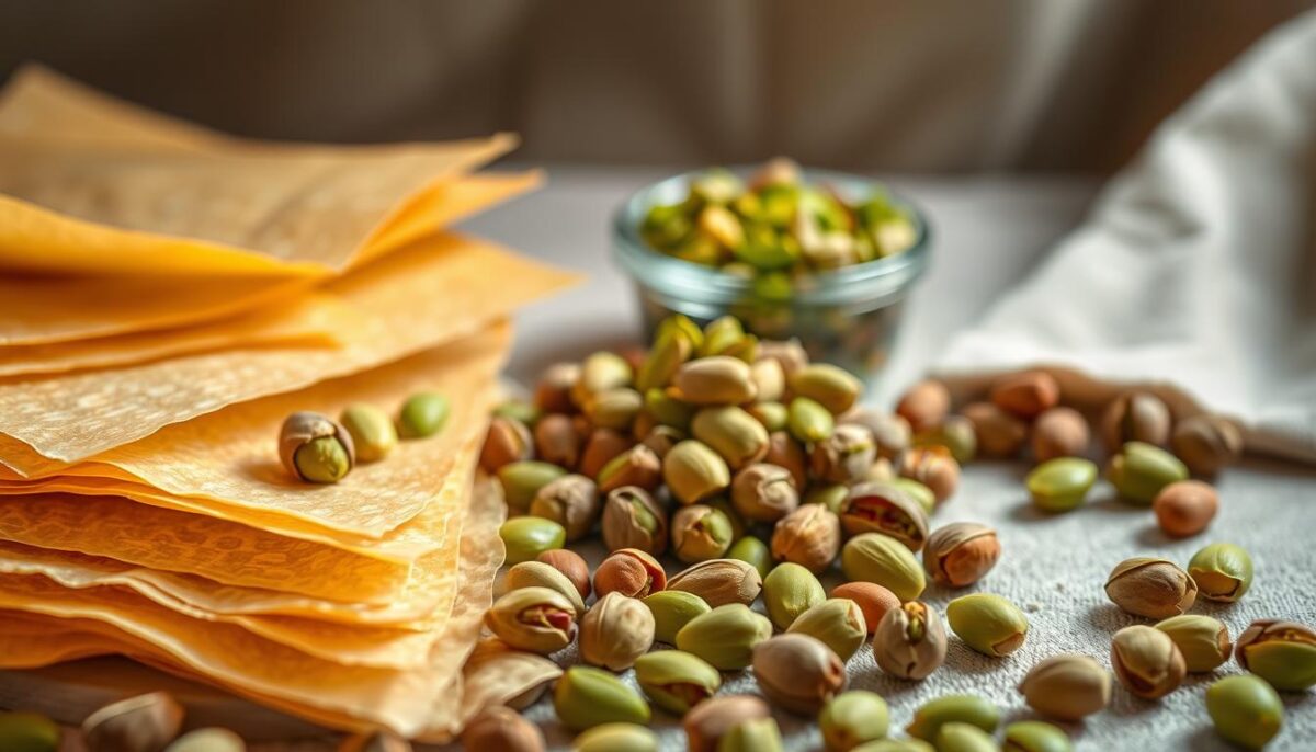 A meticulously arranged still life showcasing the essential ingredients for crafting traditional Turkish baklava. In the foreground, delicate phyllo sheets are delicately layered, their golden hues casting a warm glow. Surrounding the phyllo, a scattering of vibrant green pistachios, their shells cracked open to reveal the rich, buttery nuts. In the middle ground, a small bowl overflows with chopped pistachios, their vivid color contrasting against the neutral backdrop. Soft, indirect lighting illuminates the scene, creating a cozy, inviting atmosphere. The composition is balanced and harmonious, inviting the viewer to imagine the flaky, sweet pastry that will soon be assembled from these carefully selected components.