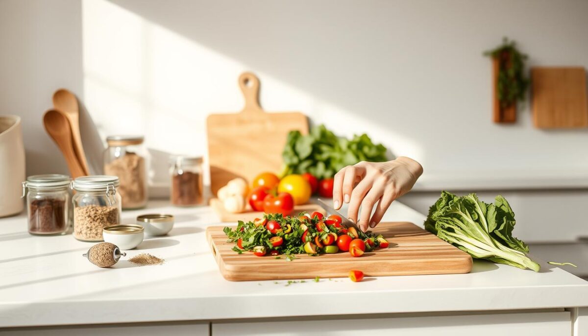 A minimalist kitchen counter, bathed in warm, natural light. On the surface, an array of simple ingredients - fresh vegetables, jars of spices and herbs, a cutting board, and a few basic kitchen tools. In the foreground, a chef's hands skillfully chopping and preparing a colorful, nutrient-dense meal. The scene radiates a sense of ease and intentionality, hinting at the wholesome, gut-healing potential of these pantry staples. A clean, uncluttered backdrop allows the focus to remain on the act of mindful meal preparation, a testament to the power of simple, nourishing dishes.