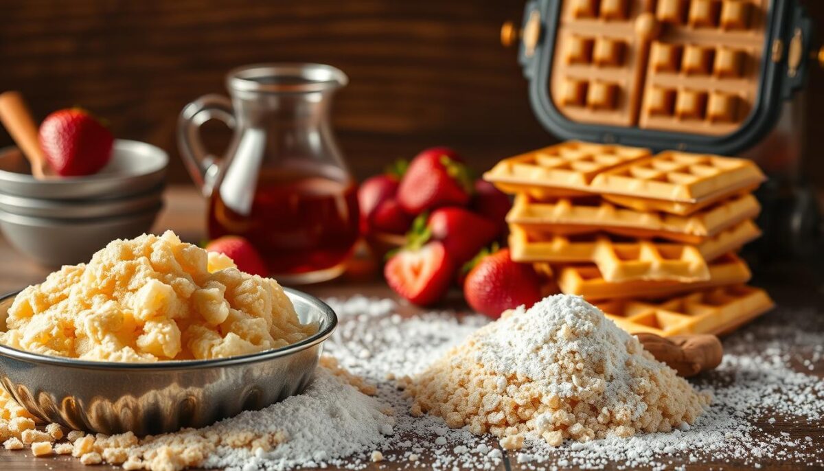 A mouthwatering arrangement of essential Belgian waffle ingredients, illuminated by warm, golden lighting. In the foreground, a pile of fluffy, golden-brown waffle batter sits in a polished metal bowl. Surrounding it, a scattered display of glistening Belgian pearl sugar, a dusting of powdered sugar, and a stack of crisp, golden-brown waffle squares, ready to be topped. In the middle ground, a glass pitcher overflows with thick, amber-colored maple syrup, while a handful of plump, ripe strawberries add a vibrant pop of color. In the background, a vintage-inspired waffle iron with ornate brass detailing sits atop a rustic wooden surface, hinting at the traditional craftsmanship behind this beloved Belgian delicacy.