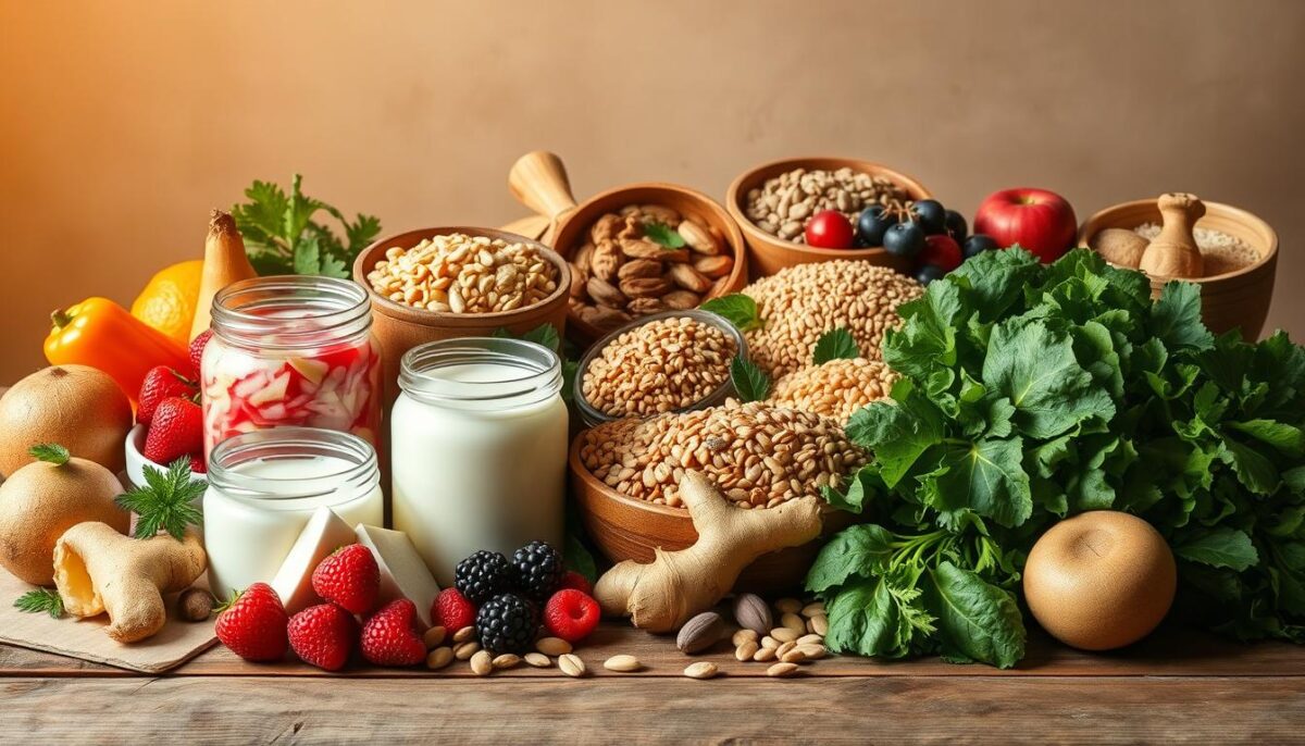 A mouthwatering arrangement of vibrant whole foods on a rustic wooden table, bathed in warm, natural light. In the foreground, a variety of probiotic-rich fermented items like sauerkraut, kefir, and yogurt, alongside fresh fruits and vegetables such as berries, leafy greens, and ginger. In the middle ground, hearty whole grains, nuts, and seeds that nourish the gut microbiome. The background features a minimalist, earthy backdrop, highlighting the organic, unprocessed nature of these gut-restorative ingredients. The overall scene exudes a sense of wellness, vitality, and the power of natural, whole-food solutions for digestive health.