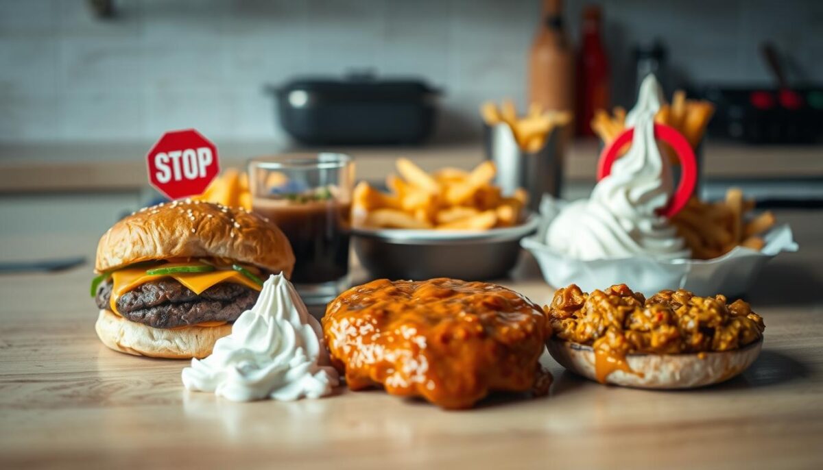 A mouthwatering array of foods lay scattered across a kitchen counter, each with a distinct symbol of caution - a red stop sign or a crossed-out icon. In the foreground, a juicy burger, creamy ice cream, and a spicy curry dish sit ominously, their inviting colors dimmed by the ominous symbols. In the middle ground, a glass of fizzy soda and a plate of greasy fries lurk, their tempting allure subdued by the warning signs. The background is blurred, allowing the viewer to focus on the troubling juxtaposition of appetizing dishes and the indicators of their unsuitability for someone recovering from a stomach ailment. The lighting is soft and natural, casting a somber mood over the scene, emphasizing the importance of discernment during this delicate time of healing.