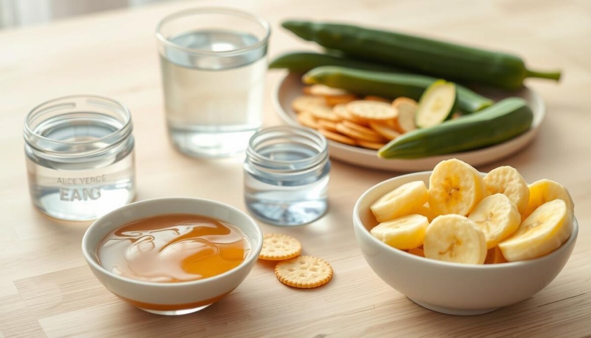 A neatly arranged assortment of easy-to-digest snacks on a light wooden table. In the foreground, a bowl of soft, ripe bananas, sliced and lightly drizzled with honey. Next to it, a plate of plain, unsalted crackers and a small jar of soothing aloe vera gel. In the middle ground, a glass of chilled, non-carbonated mineral water and a few pieces of steamed, peeled zucchini. The background features a subtle, natural lighting, creating a calming, comforting atmosphere. The overall scene conveys a sense of simplicity and mindfulness, perfect for soothing a sensitive stomach.