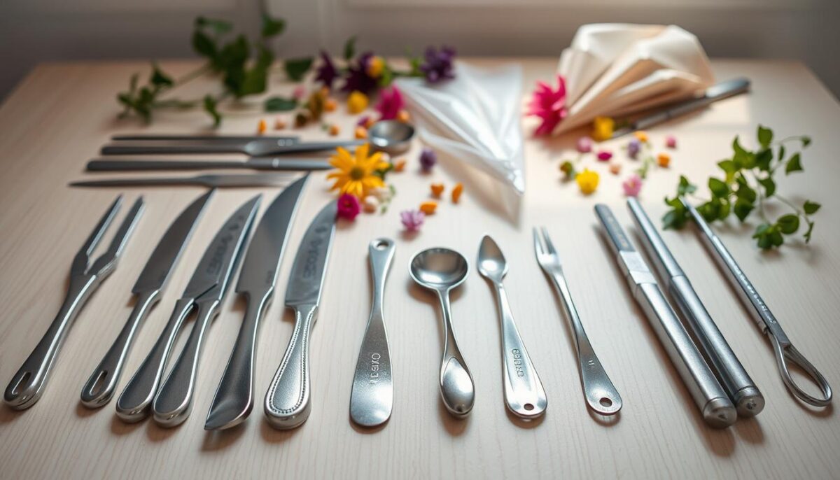A neatly arranged collection of essential plating tools meticulously laid out on a clean, light-colored wooden surface, bathed in soft, natural lighting that accentuates their textures and forms. In the foreground, an array of sharp knives, tweezers, and precision tongs, their gleaming metal surfaces reflecting the light. In the middle ground, delicate measuring spoons, a painter's brush, and a selection of piping bags in various sizes. In the background, a sprinkle of edible flowers, fresh herbs, and a subtle hint of a minimalist kitchen backdrop, creating a harmonious and inspirational tableau for the art of plating and styling dishes.