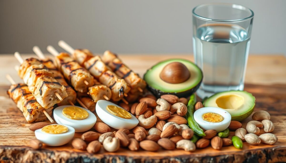 A neatly arranged display of assorted protein-rich snacks, perfectly suited for soothing GERD-related discomfort. In the foreground, an array of grilled chicken skewers, hard-boiled eggs, and sliced avocado, artfully presented on a rustic wooden board. Surrounding them, a scattering of almonds, cashews, and edamame, their vibrant colors accentuated by warm, natural lighting. In the middle ground, a glass of cool, refreshing water, a silent companion to the healthy snacks. The background maintains a softly blurred, neutral tone, allowing the nutritious options to take center stage. The overall scene exudes a sense of balance, simplicity, and mindfulness, reflecting the thoughtful approach to snacking for those managing acid reflux.