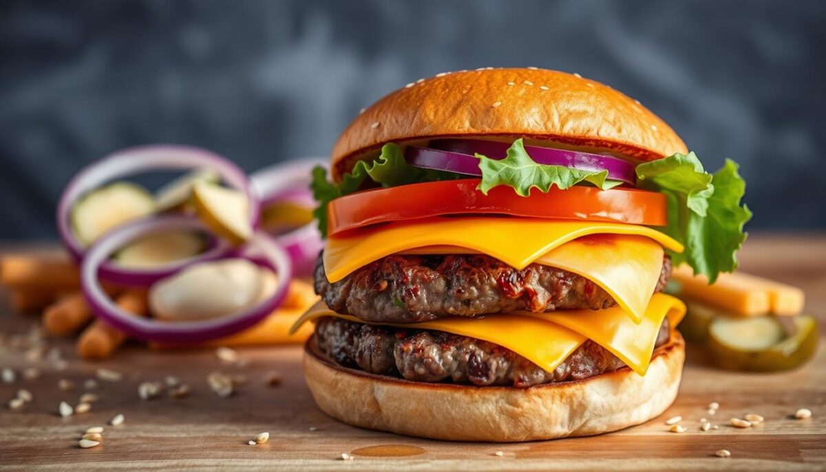 A neatly arranged display of burger components, captured in crisp detail under soft, directional lighting. In the foreground, a freshly toasted bun, its golden-brown crust glistening. Layers of juicy, grilled beef patty, layered with melted cheddar cheese, crisp lettuce leaves, and a thick slice of ripe tomato. In the middle ground, a generous dollop of tangy, homemade mayonnaise, accompanied by vibrant rings of red onion and pickle slices. The background features a scatter of sesame seeds, hinting at the textural contrast to come. The overall scene evokes a sense of appetizing anticipation, inviting the viewer to assemble the ultimate, mouthwatering burger.