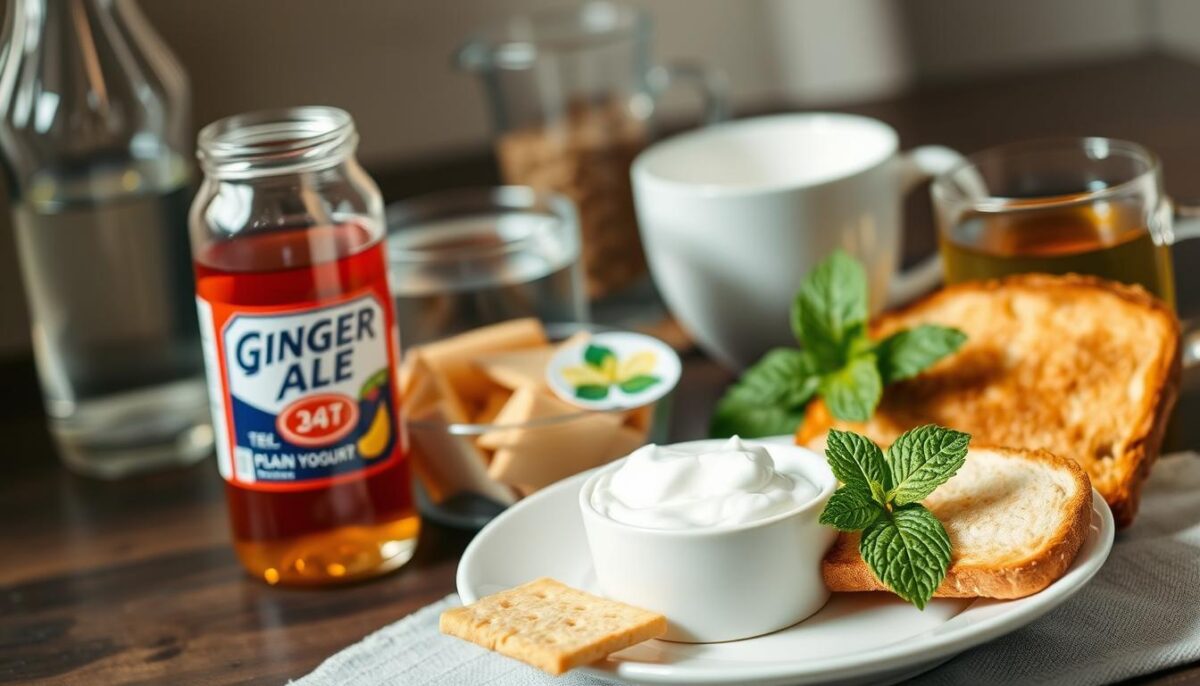 A neatly arranged still life of easy-to-prepare foods for nausea relief. In the foreground, a plate with soft, soothing items like plain crackers, ginger ale, and a slice of dry toast. In the middle ground, a bowl of plain yogurt and a sprig of fresh mint. In the background, a glass of water and a mug of chamomile tea. The lighting is soft and natural, highlighting the muted colors and simple textures. The overall mood is one of calm and comfort, conveying a sense of relief and soothing for an unsettled stomach.