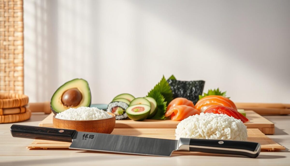 A neatly arranged still life of sushi-making essentials against a clean, minimalist backdrop. In the foreground, a sharp Japanese chef's knife, perfectly balanced sushi rice, and a bamboo sushi mat. In the middle ground, a collection of fresh, vibrant ingredients - sliced avocado, cucumber, tuna, and nori seaweed sheets. The background features simple, natural textures like woven bamboo or smooth wood, casting a soft, natural light on the scene. The overall mood is one of precision, simplicity, and the artistry of traditional Japanese cuisine.