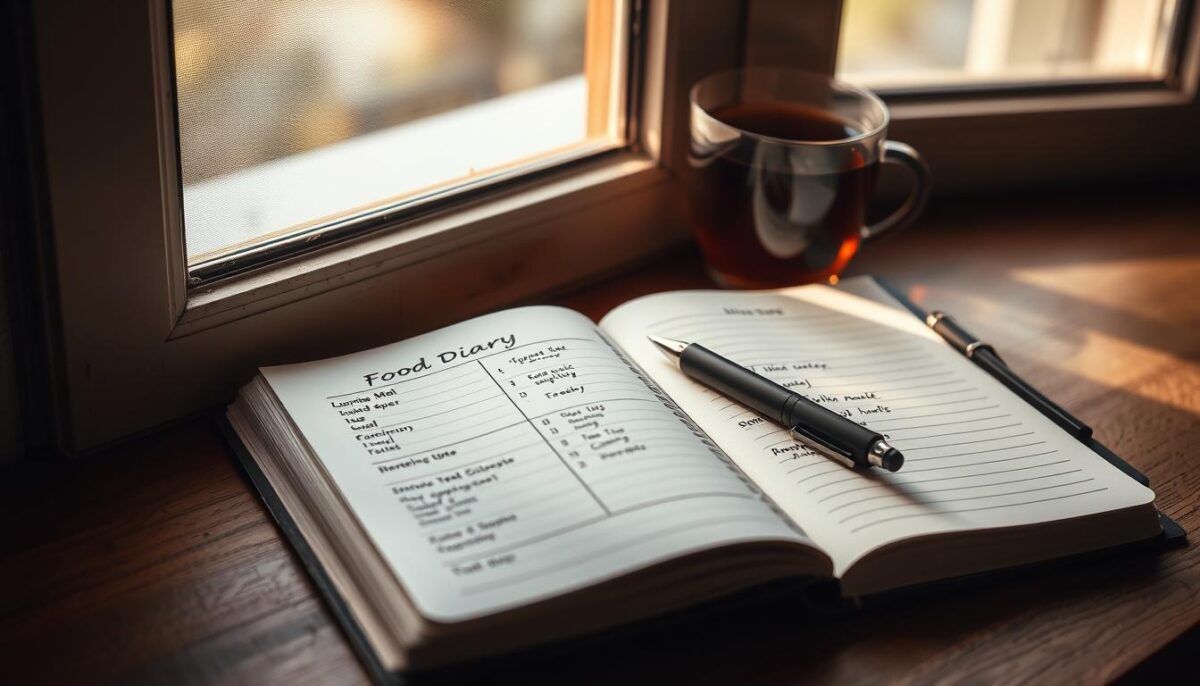 A neatly organized food diary with daily meal entries, calorie counts, and digestive notes, illuminated by warm, natural light filtering through a window. The pages are made of quality paper with a crisp, clean layout. A pen and a cup of herbal tea sit nearby, creating a relaxed, thoughtful atmosphere. The composition emphasizes the diary's purpose of tracking food intake to improve digestion, with a serene, minimalist aesthetic that encourages mindfulness around mealtimes.