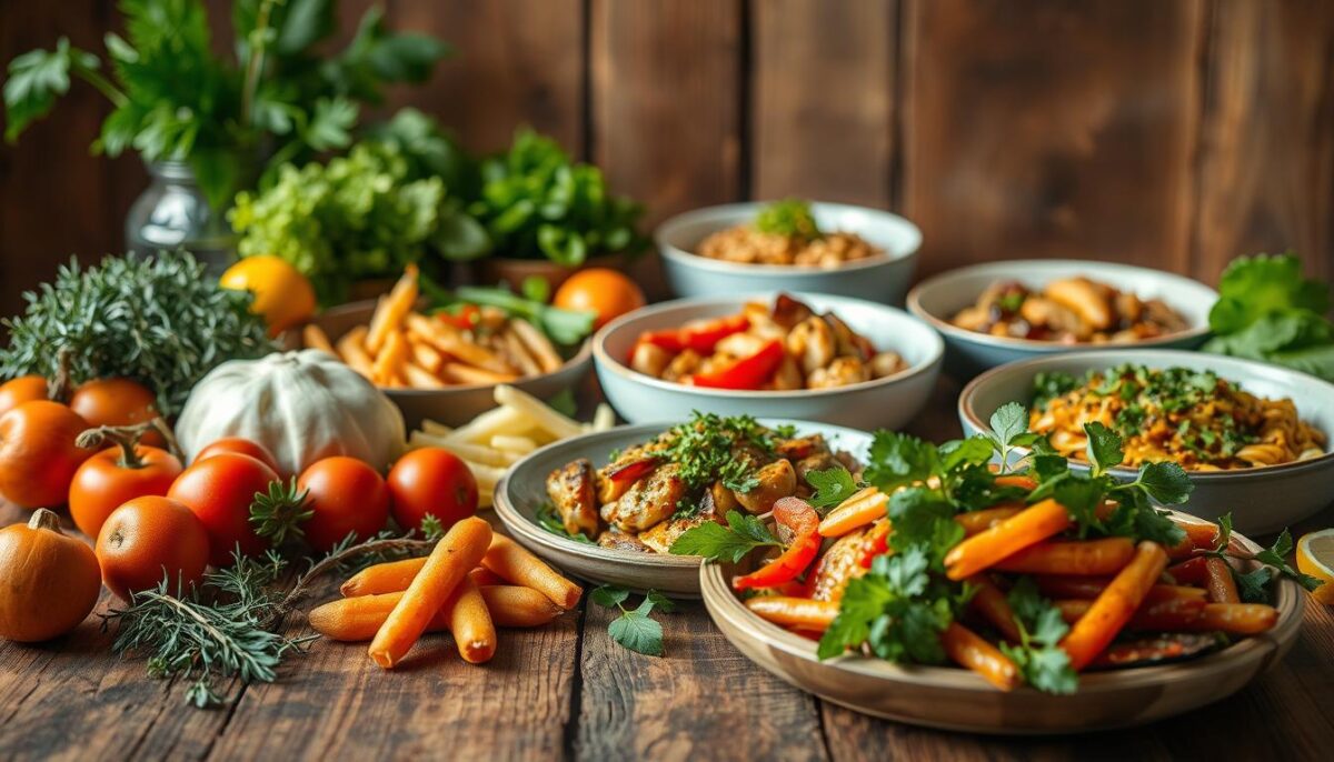 A nourishing and flavorful spread of creative dinner recipes, captured in a vibrant, appetizing still life. In the foreground, an array of wholesome ingredients - fresh vegetables, aromatic herbs, and lean proteins - artfully arranged on a rustic wooden table. The middle ground features a selection of delectable dishes, each with its own distinct presentation and flavor profile, showcasing the diverse culinary possibilities. Warm, softly diffused lighting casts a cozy, inviting glow, accentuating the rich textures and vibrant colors. The overall composition exudes a sense of effortless elegance, inspiring the viewer to explore new avenues of healthy, taste-forward cooking.