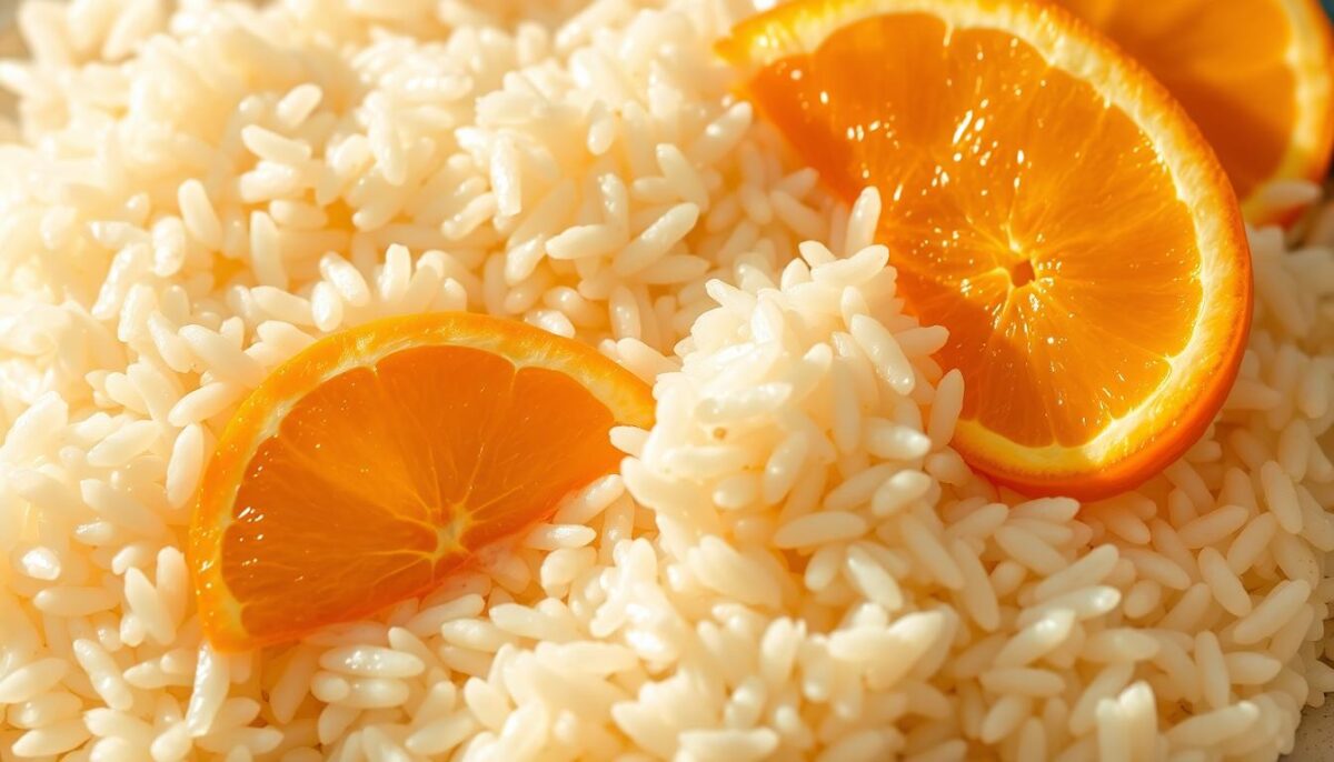 A nourishing arrangement of plump, steamed white rice grains embellished with vibrant, freshly sliced orange wedges. The rice is illuminated by warm, natural lighting, casting a soft, golden glow. The oranges, their juicy flesh glistening, are carefully placed to create a visually harmonious and appetizing composition. The overall mood is one of simple, wholesome delight - a culinary pairing that would complement the robust, savory flavors of a hearty feijoada stew. Captured from a slightly elevated angle to showcase the textural contrast and color interplay between the fluffy rice and succulent citrus.