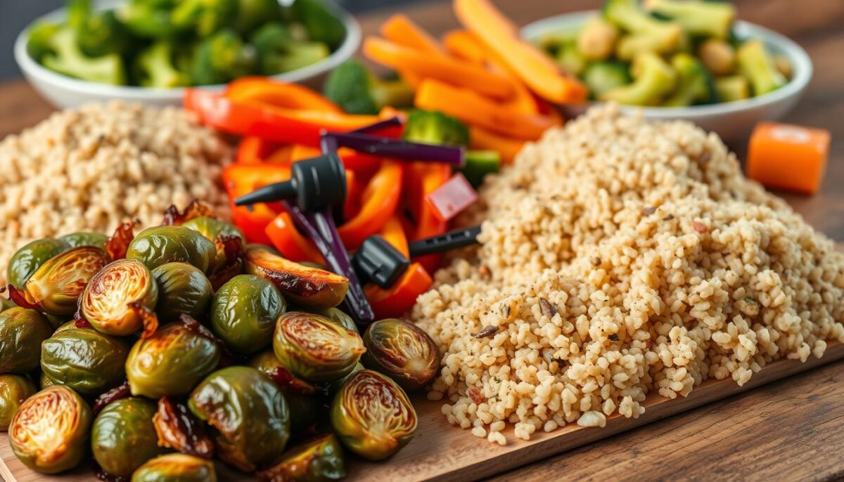 A nourishing spread of vibrant veggie side dishes, artfully arranged on a rustic wooden table. In the foreground, a hearty portion of roasted brussels sprouts, their leaves caramelized to a golden crisp. Beside them, a mound of fluffy quinoa, its nutty flavor complementing the earthy vegetables. In the middle ground, a medley of colorful bell pepper spears, lightly charred and seasoned with a sprinkle of fragrant herbs. In the background, a generous serving of tender, steamed broccoli florets, their vivid green hue a testament to their freshness. The scene is illuminated by soft, diffused natural light, casting a warm, inviting glow over the wholesome, nourishing display.