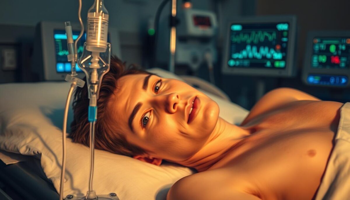 A person lying on a bed, their skin pallid and sunken, with dark circles under their eyes. An IV drip stands nearby, providing essential fluids. In the background, medical instruments and monitors display dehydration-related vitals. Soft, warm lighting casts a soothing glow, conveying a sense of recovery and healing. The composition is balanced, with the subject's face in focus, drawing the viewer's attention to the physical effects of dehydration. The overall mood is one of concern and hope, as the individual begins the journey back to health.
