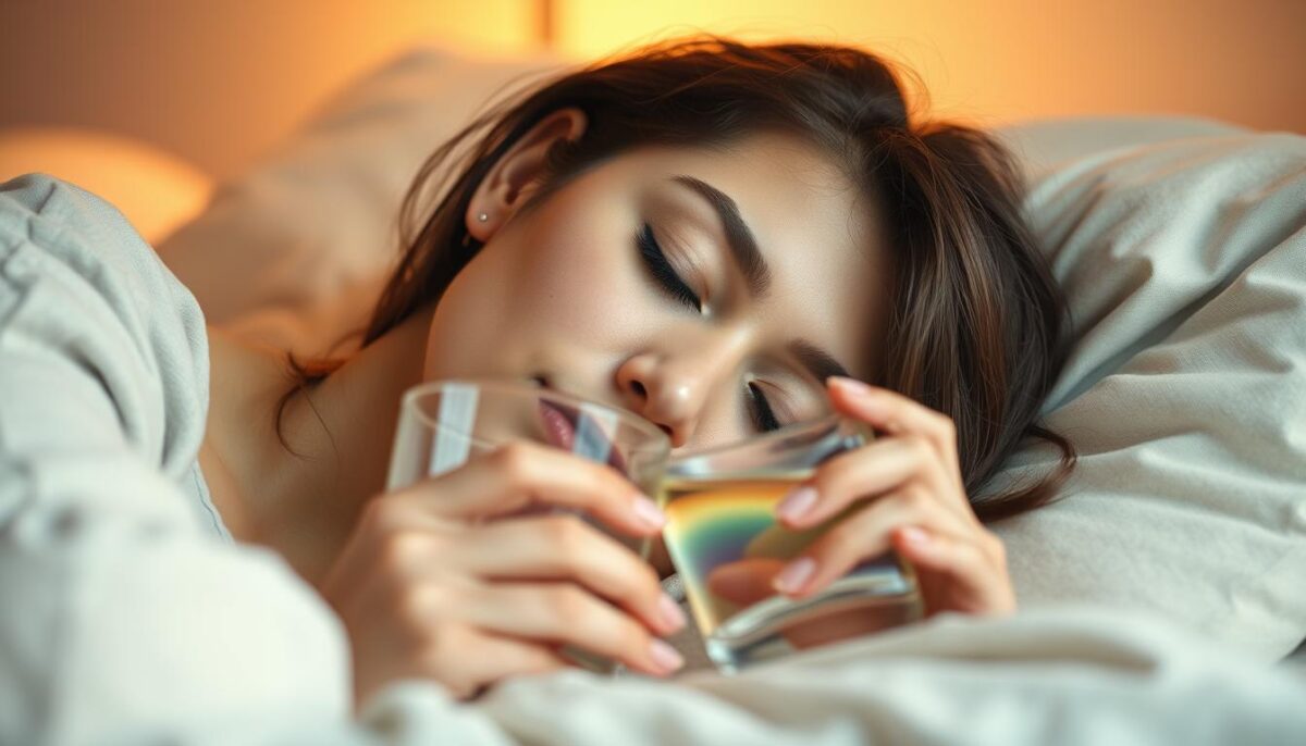 A person resting peacefully, their face serene and their eyes gently closed, as they sip from a glass of clear, soothing liquid. The scene is bathed in soft, warm lighting, creating a sense of comfort and relaxation. The background is a cozy, calming environment, perhaps a bedroom or a familiar living space, with neutral tones and minimal distractions. The overall atmosphere conveys a sense of respite and relief from the discomfort of nausea and vomiting, inviting the viewer to imagine finding solace in this simple, yet restorative moment.