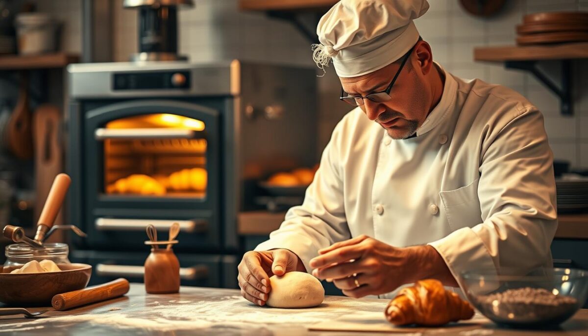 A professional chef meticulously examines a dough sample, brow furrowed in concentration, as they troubleshoot the temperature and consistency. Soft, golden lighting illuminates the countertop workspace, surrounded by classic French baking tools and ingredients. In the background, a vintage oven radiates warmth, hinting at the aroma of freshly baked croissants. The scene conveys a sense of expertise, problem-solving, and the artistry of traditional pastry making.