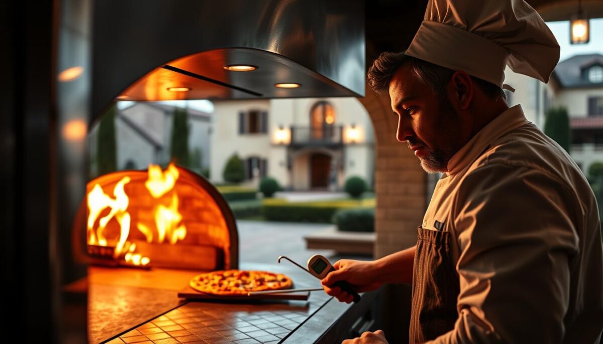A professional commercial kitchen featuring a wood-fired pizza oven in the foreground, with the chef carefully monitoring the oven's temperature using a digital thermometer. The middle ground showcases the oven's interior, ablaze with a vibrant, dancing flame, casting a warm, rustic glow across the scene. In the background, an elegant Italian villa sets the stage, the architecture and landscaping exuding a sense of old-world charm. Soft, directional lighting illuminates the chef's focused expression, highlighting the precision and expertise required to achieve the perfect Neapolitan pizza crust. The overall atmosphere evokes a harmonious blend of tradition, craftsmanship, and the passion for authentic Italian cuisine.