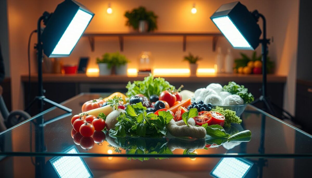 A professional-grade LED light setup illuminates a reflective glass tabletop, casting a warm, even glow across an array of fresh, vibrant ingredients. The key light comes from two softboxed LED panels angled to create a gentle, diffused lighting that enhances the natural textures and colors of the food. A subtle rim light from a backlit LED strip adds depth and dimension, separating the subjects from the soft-focus background. The scene is shot with a wide-angle lens, capturing a sense of depth and creating an inviting, atmospheric environment perfect for showcasing mouthwatering food.