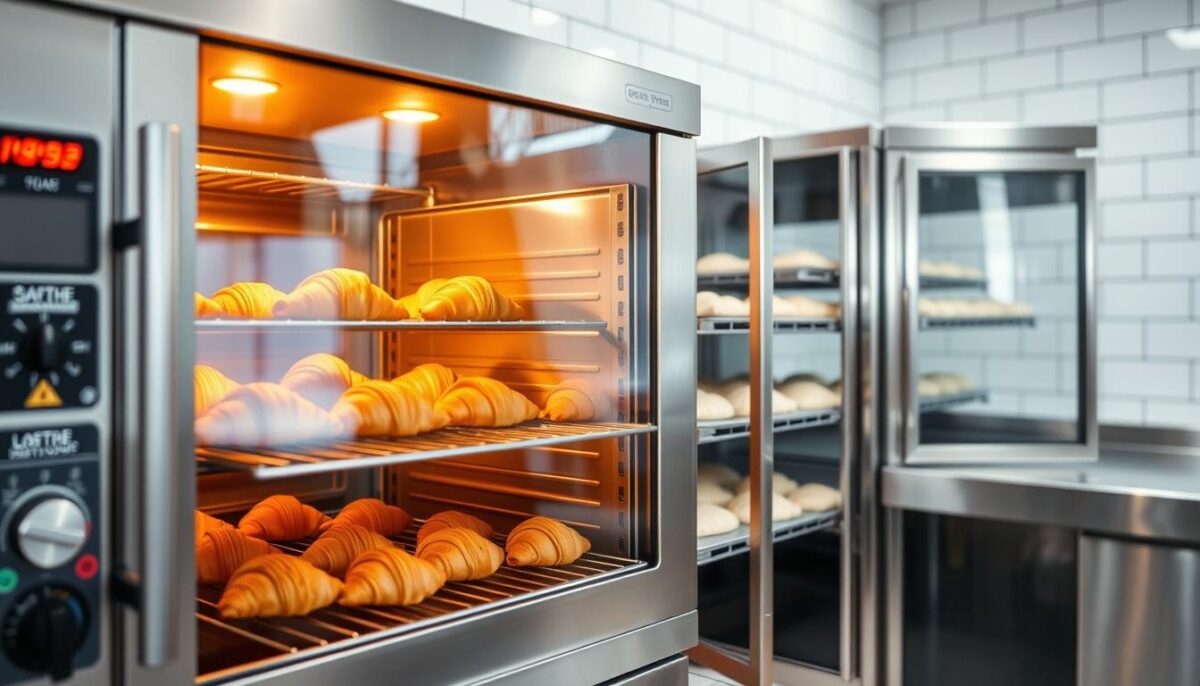 A professional-grade commercial bakery proofing environment with a stainless steel convection oven in the foreground, its glass door showcasing golden, flaky croissants rising to perfection. The oven's digital controls and stainless steel exterior reflect warm, even lighting, casting a cozy glow. In the middle ground, a stainless steel proofing cabinet with transparent glass panels, revealing trays of unbaked croissant dough, their layers neatly arranged. The background features white subway tiles and gleaming stainless steel counter surfaces, conveying a pristine, professional kitchen setting. The overall mood is one of precision, care, and the promise of delicious, artisanal baked goods.