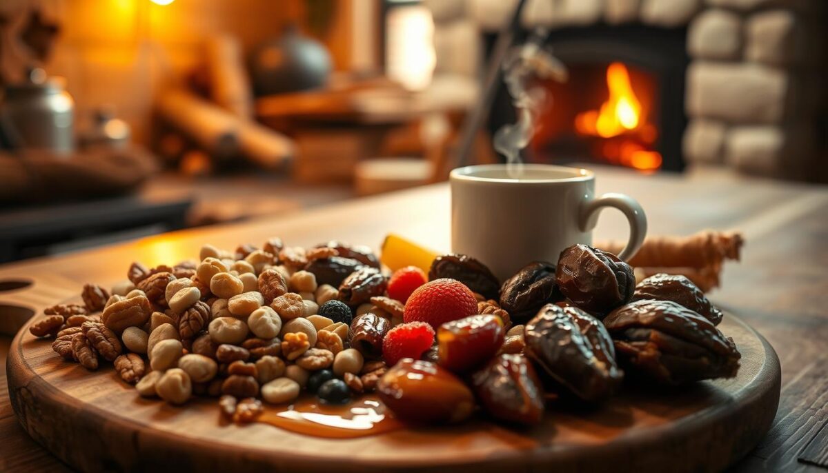 A rustic, cozy kitchen scene featuring an assortment of energy-boosting winter snacks. In the foreground, a wooden board showcases an artful arrangement of crunchy nuts, chewy dates, vibrant dried fruits, and a drizzle of golden honey. Warm lighting from overhead casts a soft glow, highlighting the natural textures and colors. In the middle ground, a steaming mug of herbal tea or coffee sits alongside the snacks, inviting the viewer to savor the moment. The background features a glimpse of a cheerful fireplace, casting a comforting ambiance. The overall atmosphere evokes a sense of nourishment, comfort, and a renewed energy to brave the winter chill.