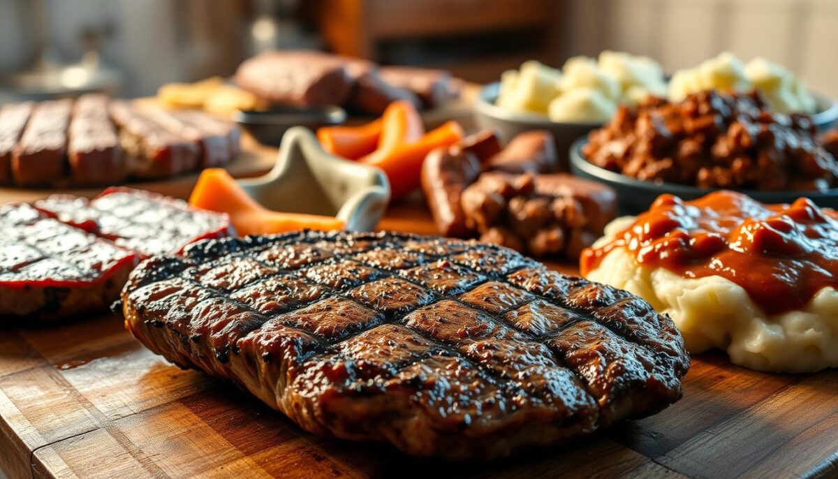 A rustic, hearty spread of savory meat dishes, bathed in a warm, golden glow. In the foreground, a juicy grilled steak sizzles, its char-kissed edges contrasting with the tender, pink interior. Surrounding it, a selection of comforting ground beef recipes - a classic meatloaf, perfectly seasoned meatballs, and a rich, slow-simmered bolognese sauce. In the middle ground, roasted root vegetables and fluffy mashed potatoes provide a satisfying accompaniment. The background is softly diffused, hinting at a cozy, homestyle kitchen, where the aroma of these wholesome, budget-friendly meals lingers. Captured with a wide-angle lens, the scene exudes a sense of abundance and heartwarming simplicity.