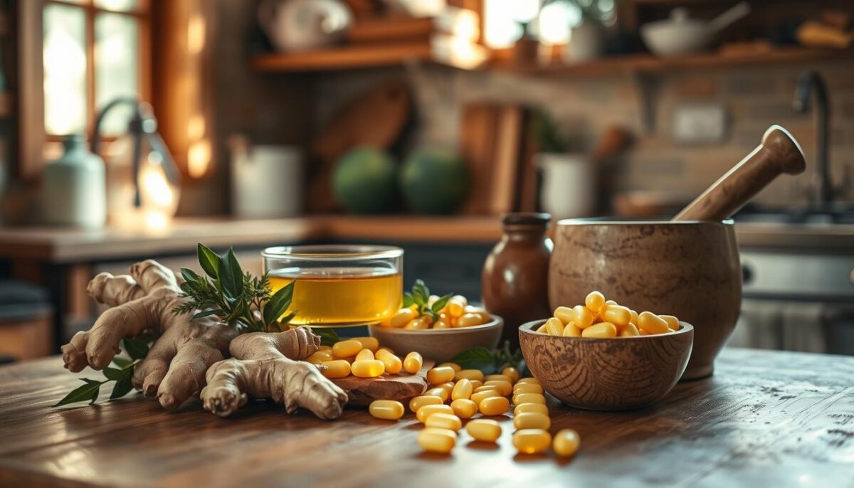 A rustic kitchen counter, bathed in warm, natural lighting, showcases an array of ginger remedies. Fresh ginger root, ginger tea, and ginger capsules are arranged artfully, accompanied by soothing herbs and a mortar and pestle. The scene exudes a sense of wellness and tranquility, inviting the viewer to embrace the power of ginger as a natural solution for nausea relief. The composition is balanced, with a focus on the ginger elements in the foreground, while the background is softly blurred, creating a sense of depth and emphasis on the central subject matter. The image conveys a calming, organic atmosphere, perfect for illustrating the "Embracing Ginger as a Natural Remedy" section of the article.