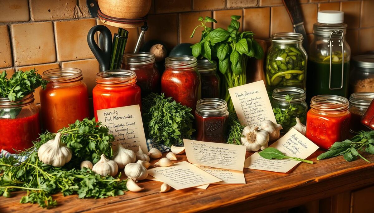 A rustic kitchen counter, strewn with fresh herbs, garlic, and overflowing jars of homemade sauces and marinades. Warm lighting casts a golden glow, highlighting the rich hues of the sauces - vibrant reds, earthy browns, and fragrant greens. Handwritten recipe cards scattered amidst the ingredients, evoking a sense of homemade authenticity. The scene radiates an aroma of culinary creativity, inviting the viewer to imagine the delicious possibilities of these budget-friendly, flavorful additions to any meal.