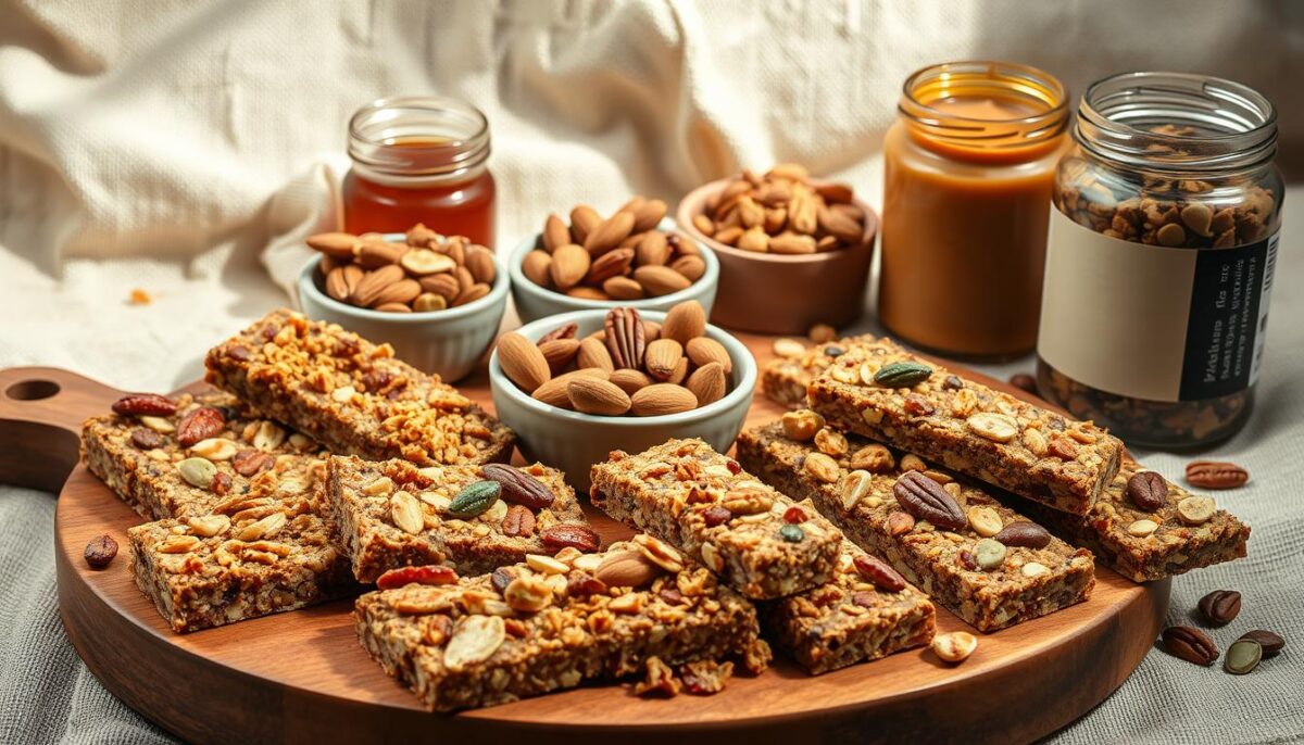 A rustic still life featuring an assortment of homemade snack bars and trail mixes. In the foreground, a wooden board displays an array of chewy protein bars with various nut and seed toppings, dried fruit pieces, and granola clusters. In the middle ground, small bowls hold a mix of toasted almonds, cashews, pecans, and pumpkin seeds, alongside a jar of honey and a jar of nut butter. The background is a natural linen cloth, with muted light filtering in from the side, casting soft shadows and highlighting the textures of the ingredients. The overall mood is warm, wholesome, and inviting, perfect for a healthy snack. A rustic still life featuring an assortment of homemade snack bars and trail mixes. In the foreground, a wooden board displays an array of chewy protein bars with various nut and seed toppings, dried fruit pieces, and granola clusters. In the middle ground, small bowls hold a mix of toasted almonds, cashews, pecans, and pumpkin seeds, alongside a jar of honey and a jar of nut butter. The background is a natural linen cloth, with muted light filtering in from the side, casting soft shadows and highlighting the textures of the ingredients. The overall mood is warm, wholesome, and inviting, perfect for a healthy snack.