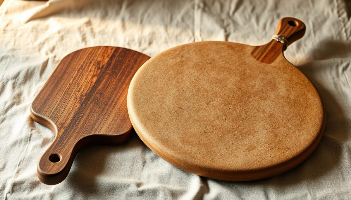 A rustic wooden pizza peel and a thick, circular pizza stone sit on a natural linen cloth, bathed in warm, soft lighting. The stone's surface is textured, hinting at its ability to recreate the heat and char of a traditional wood-fired oven. The peel's handle is worn, a testament to its frequent use in skillfully launching and retrieving piping hot Neapolitan-style pizzas. The scene evokes a sense of craftsmanship, authenticity, and the humble tools essential for mastering the art of Italian pizza-making at home.
