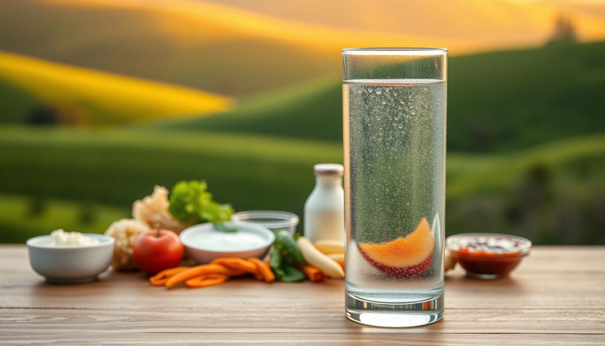 A serene, hydrating scene of a glass of water accompanied by various gut-healthy foods. In the foreground, a tall, condensation-beaded glass filled with fresh, clear water rests on a wooden table. In the middle ground, an assortment of vibrant, probiotic-rich foods such as yogurt, kefir, sauerkraut, and kimchi are arranged artfully. The background features a soft, blurred landscape of rolling green hills, with a warm, golden-hour lighting creating a comforting, nourishing atmosphere. The overall composition conveys a sense of balance, tranquility, and the importance of maintaining proper hydration and gut health.