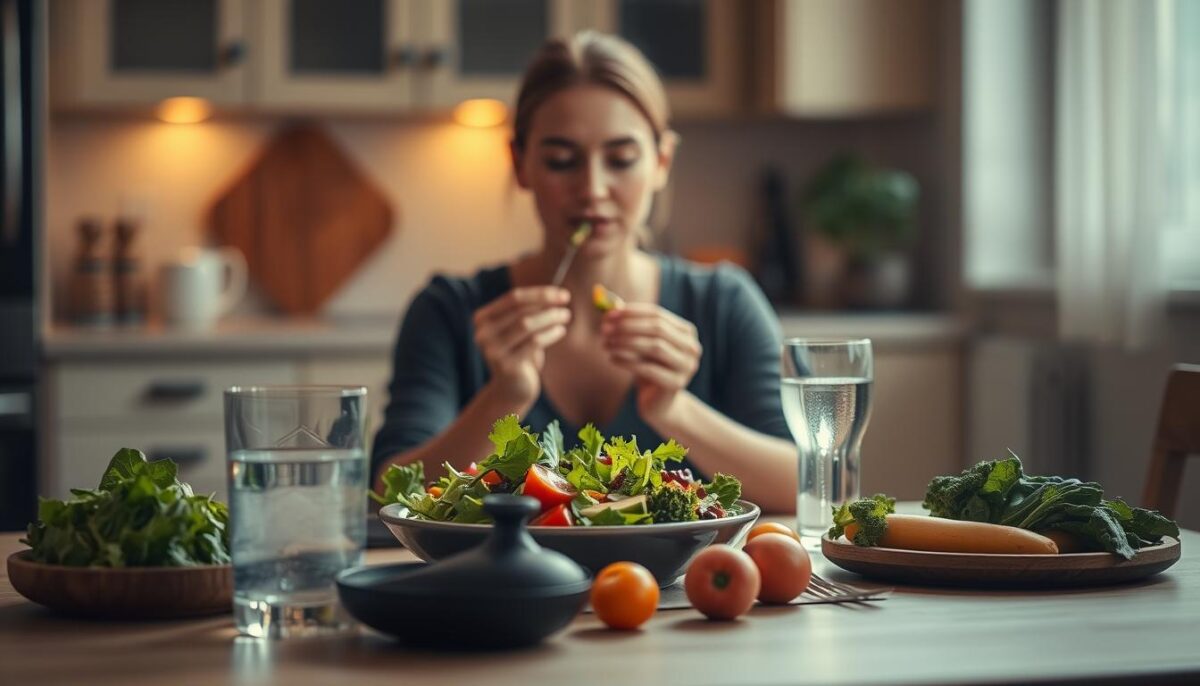 A serene kitchen table, bathed in warm, soft lighting. On the table, an array of fresh, wholesome ingredients - crisp salad greens, vibrant vegetables, and a glass of water. A person sits mindfully, savoring each bite, fully present and attuned to the flavors and textures. Their gaze is calm and focused, embodying a sense of gratitude and reverence for the nourishing meal. The mood is introspective, encouraging a connection between the body, mind, and the act of eating. The scene inspires a contemplative, restorative experience, guiding the viewer towards a more intuitive, healthful approach to mealtimes.