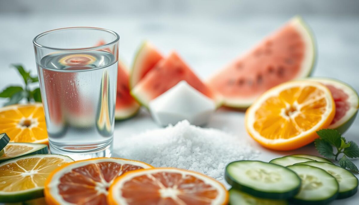 A serene scene of hydration and electrolyte balance. In the foreground, a translucent glass of cool, clear water, reflecting the soft, diffused lighting. Surrounding it, a scattering of vibrant fruits and vegetables - slices of juicy orange, crisp cucumber, and succulent watermelon, all brimming with natural electrolytes. In the middle ground, a minimalist arrangement of salt crystals, a symbol of the essential minerals for maintaining fluid equilibrium. The background is a tranquil, blurred backdrop, evoking a sense of balance and harmony. The overall mood is one of refreshment, nourishment, and a gentle reminder of the importance of hydration for combating nausea.