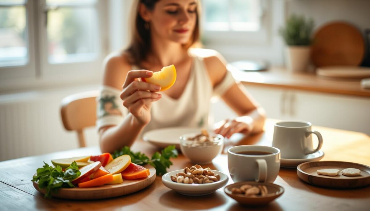 A serene, sunlit kitchen scene with a wooden table set for a mindful meal. In the foreground, a person's hands delicately holding a ripe piece of fruit, their gaze focused inward as they savor each bite. Arrayed on the table, an assortment of wholesome, easy-to-digest snacks - sliced vegetables, a small bowl of nuts, and a warm cup of herbal tea. The background is softly blurred, emphasizing the tranquil atmosphere and the individual's present, conscious experience of nourishing their body. Soft natural lighting filters in through a window, casting a warm glow over the scene. The overall mood is one of stillness, reflection, and a deep appreciation for the simple pleasures of mindful eating.